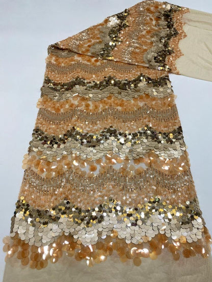 Mixed Size Sequin Embroidered Mesh Fabric, Champagne Gold Silver Stripe Fabric for Evening Gown, Stage Costume and Formal Dress - 49"W