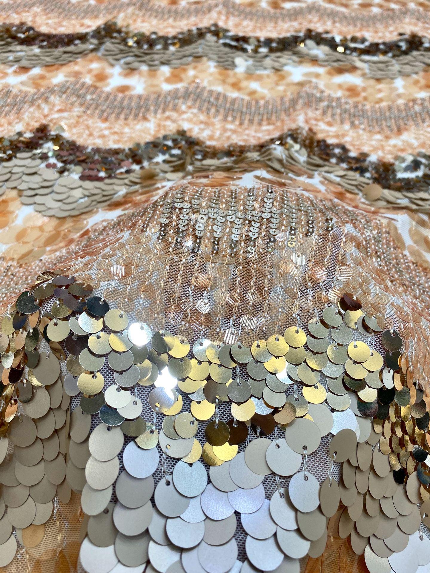 Mixed Size Sequin Embroidered Mesh Fabric, Champagne Gold Silver Stripe Fabric for Evening Gown, Stage Costume and Formal Dress - 49"W