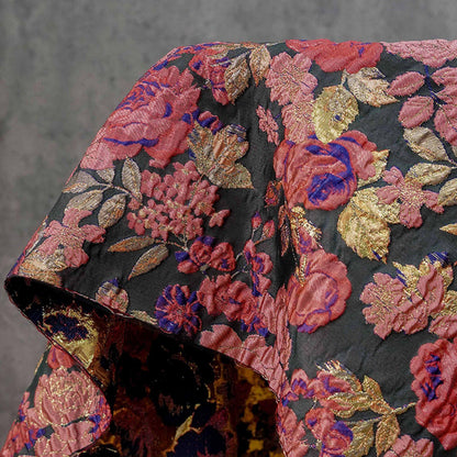 Vintage Pink Rose Jacquard Fabric, Raised Floral Metallic Gold Thread Woven Fabric for Evening Gown, Jacket, Bags & Box Decor, 55" Wide