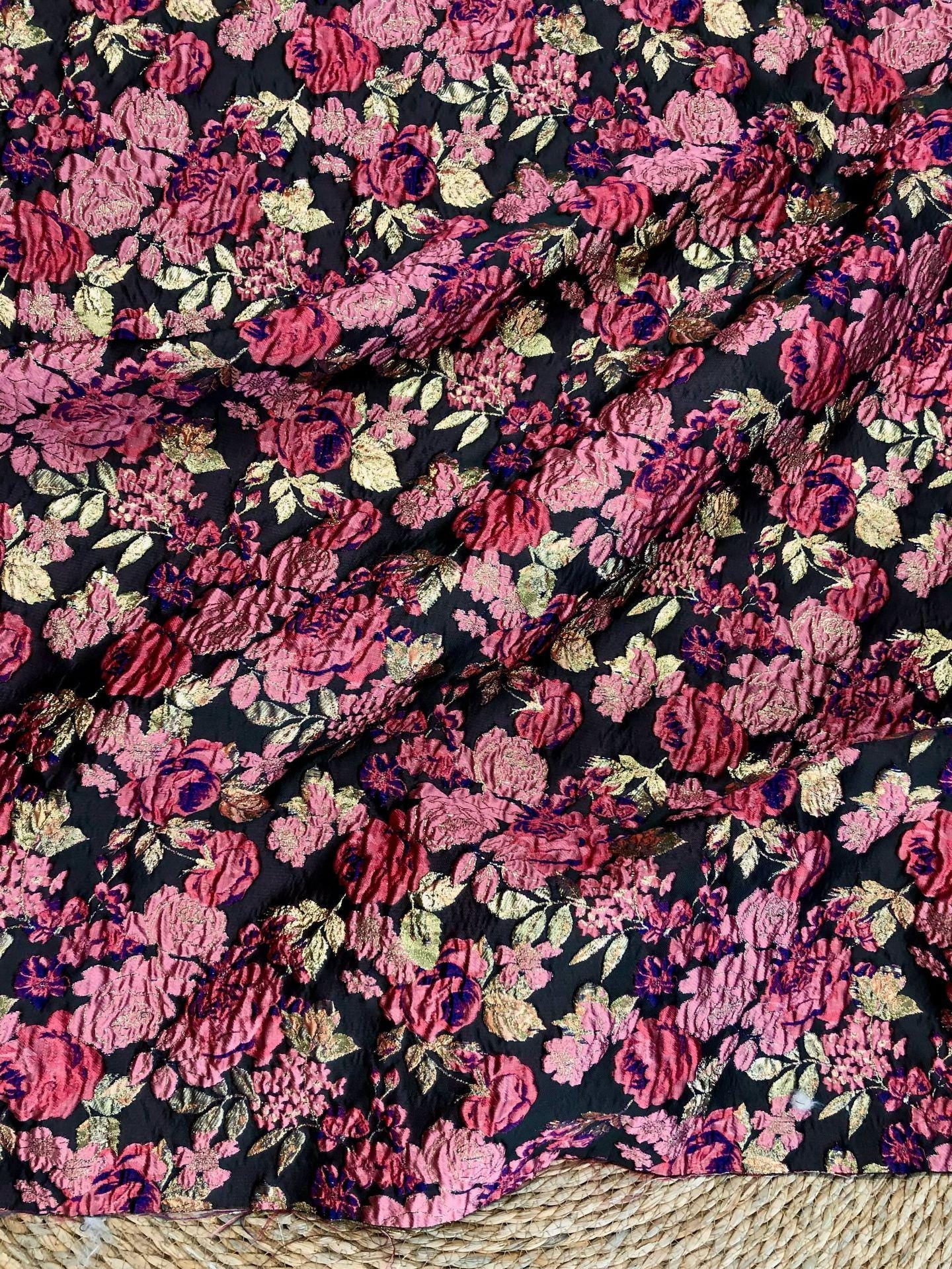 Vintage Pink Rose Jacquard Fabric, Raised Floral Metallic Gold Thread Woven Fabric for Evening Gown, Jacket, Bags & Box Decor, 55" Wide