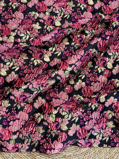 Vintage Pink Rose Jacquard Fabric, Raised Floral Metallic Gold Thread Woven Fabric for Evening Gown, Jacket, Bags & Box Decor, 55" Wide