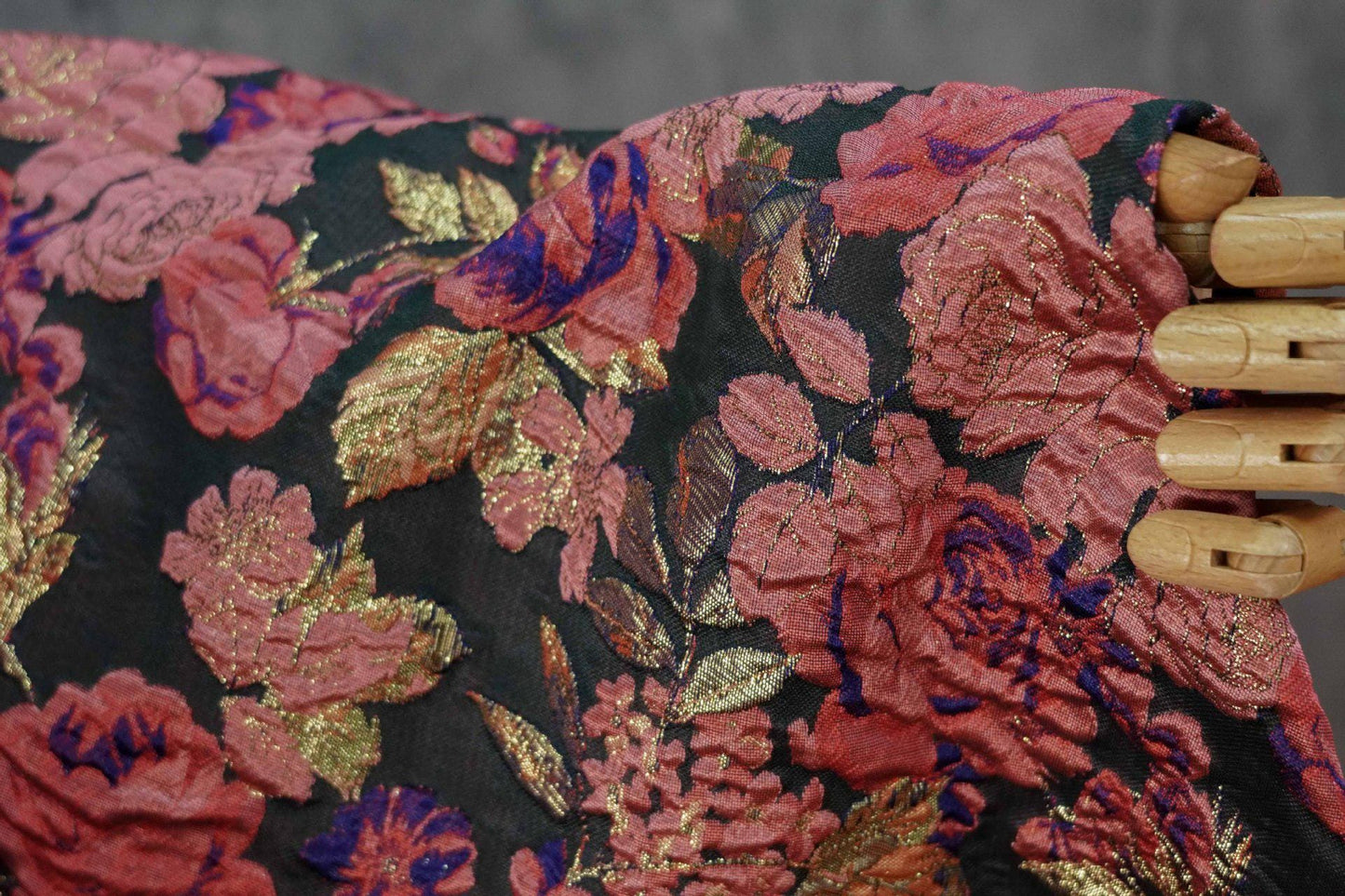 Vintage Pink Rose Jacquard Fabric, Raised Floral Metallic Gold Thread Woven Fabric for Evening Gown, Jacket, Bags & Box Decor, 55" Wide