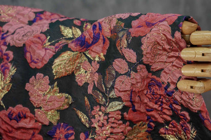 Vintage Pink Rose Jacquard Fabric, Raised Floral Metallic Gold Thread Woven Fabric for Evening Gown, Jacket, Bags & Box Decor, 55" Wide