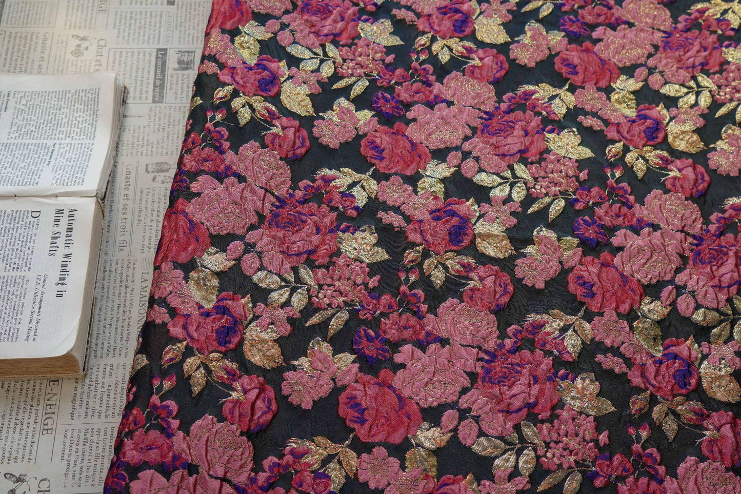 Vintage Pink Rose Jacquard Fabric, Raised Floral Metallic Gold Thread Woven Fabric for Evening Gown, Jacket, Bags & Box Decor, 55" Wide