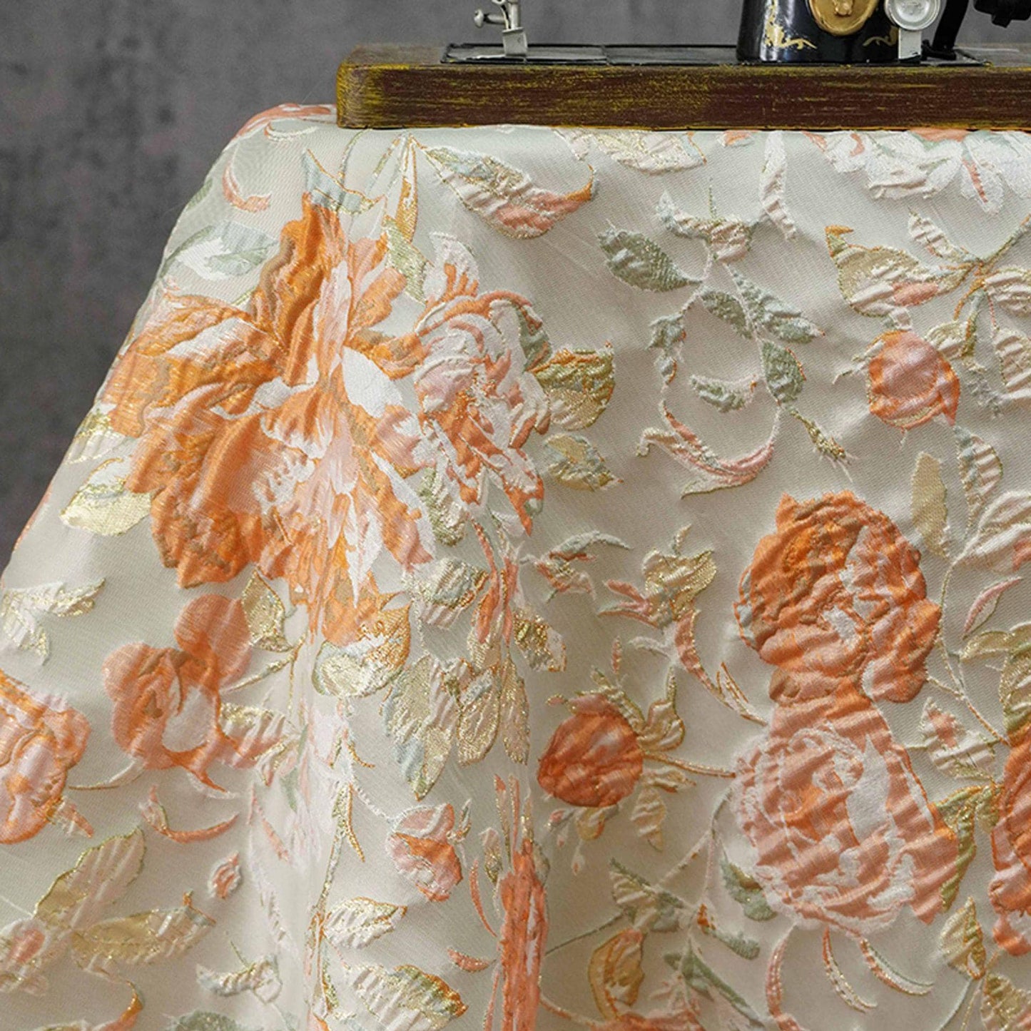 Raised Peony Jacquard Fabric, Orange Ivory Metallic Gold Yarn-Dyed Woven Textile for Dress, Vest, Table Runner & Decor, 55" Wide
