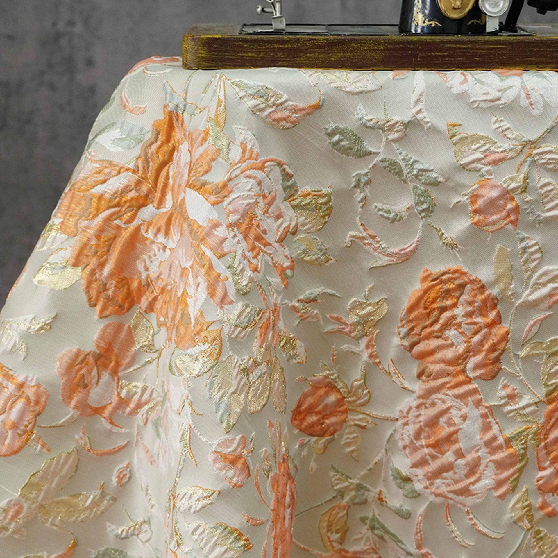 Raised Peony Jacquard Fabric, Orange Ivory Metallic Gold Yarn-Dyed Woven Textile for Dress, Vest, Table Runner & Decor, 55" Wide