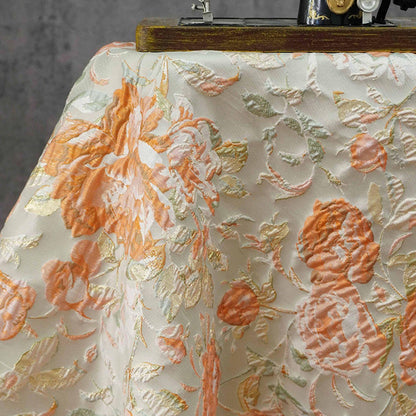 Raised Peony Jacquard Fabric, Orange Ivory Metallic Gold Yarn-Dyed Woven Textile for Dress, Vest, Table Runner & Decor, 55" Wide