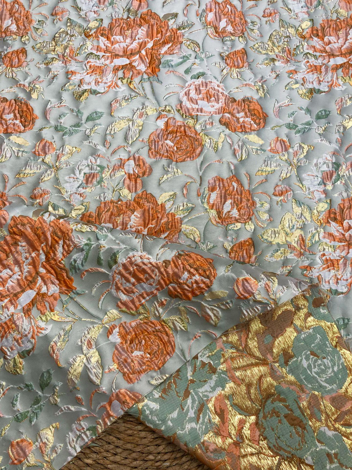 Raised Peony Jacquard Fabric, Orange Ivory Metallic Gold Yarn-Dyed Woven Textile for Dress, Vest, Table Runner & Decor, 55" Wide