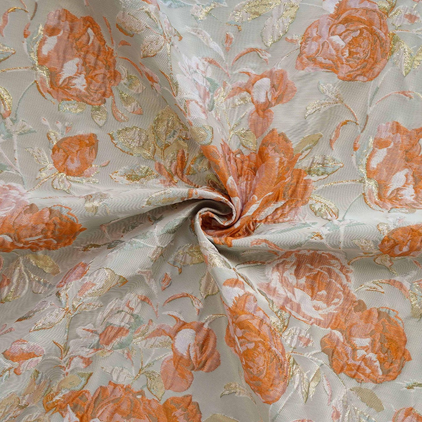 Raised Peony Jacquard Fabric, Orange Ivory Metallic Gold Yarn-Dyed Woven Textile for Dress, Vest, Table Runner & Decor, 55" Wide