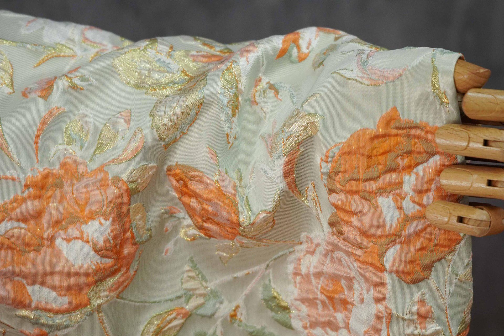 Raised Peony Jacquard Fabric, Orange Ivory Metallic Gold Yarn-Dyed Woven Textile for Dress, Vest, Table Runner & Decor, 55" Wide