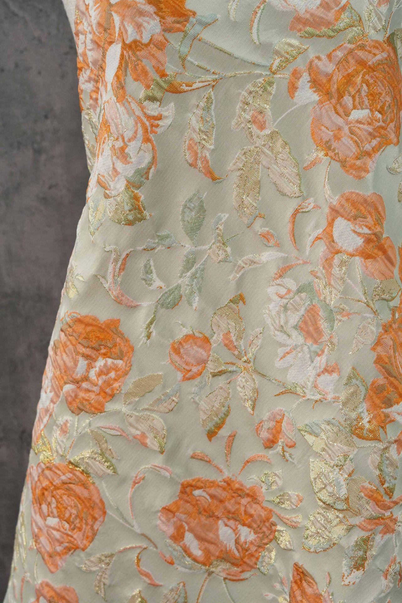 Raised Peony Jacquard Fabric, Orange Ivory Metallic Gold Yarn-Dyed Woven Textile for Dress, Vest, Table Runner & Decor, 55" Wide