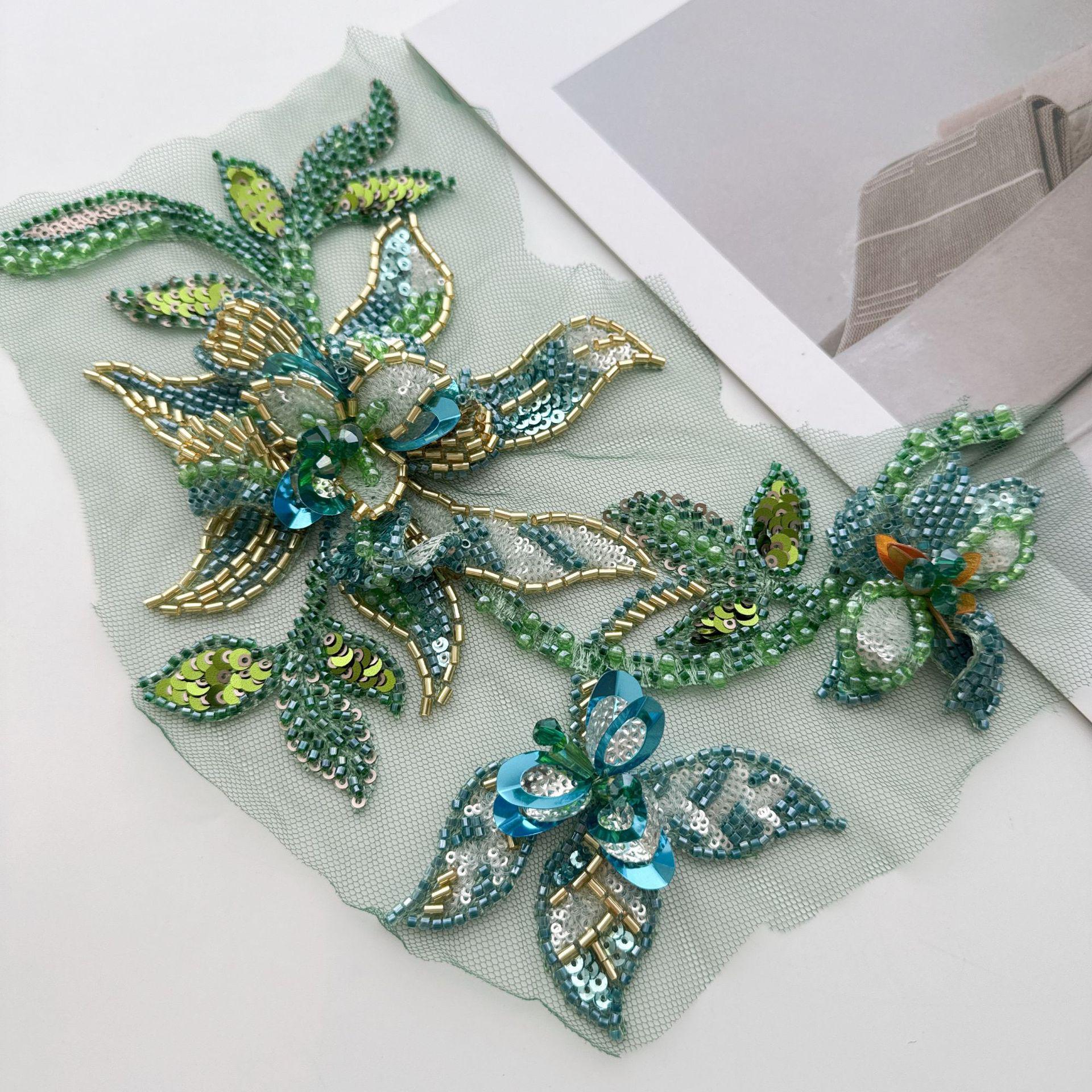 Hand Beaded Floral Applique, 3D Sequin Embroidery Patch, Crystal Rhinestone Trim for Wedding Dress, Couture Fashion DIY