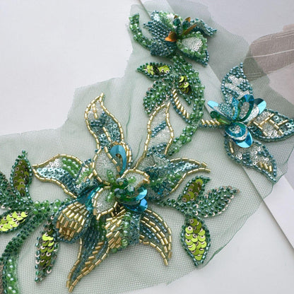 Hand Beaded Floral Applique, 3D Sequin Embroidery Patch, Crystal Rhinestone Trim for Wedding Dress, Couture Fashion DIY