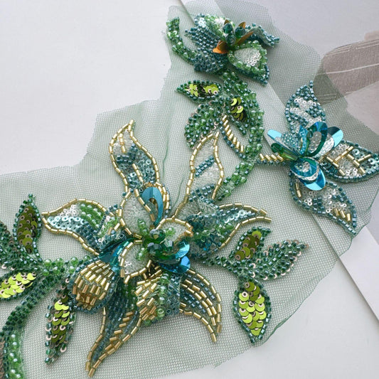 Hand Beaded Floral Applique, 3D Sequin Embroidery Patch, Crystal Rhinestone Trim for Wedding Dress, Couture Fashion DIY - Poppylollipop