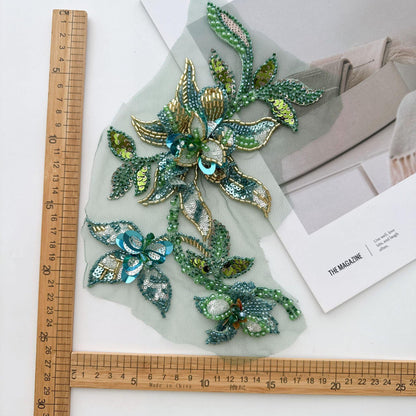 Hand Beaded Floral Applique, 3D Sequin Embroidery Patch, Crystal Rhinestone Trim for Wedding Dress, Couture Fashion DIY