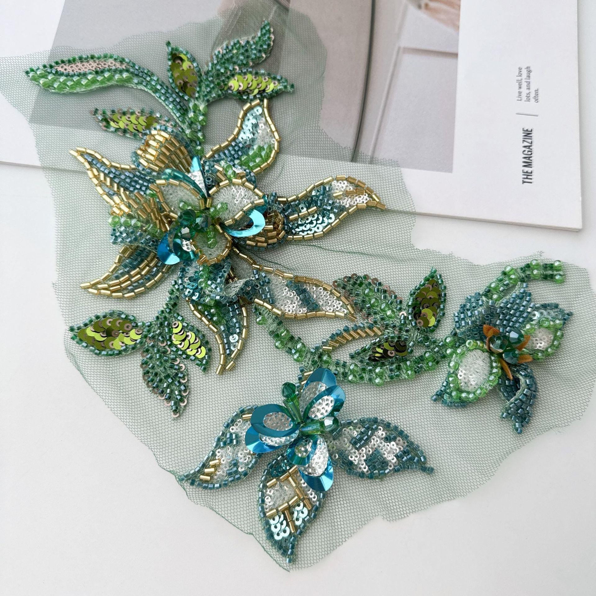 Hand Beaded Floral Applique, 3D Sequin Embroidery Patch, Crystal Rhinestone Trim for Wedding Dress, Couture Fashion DIY