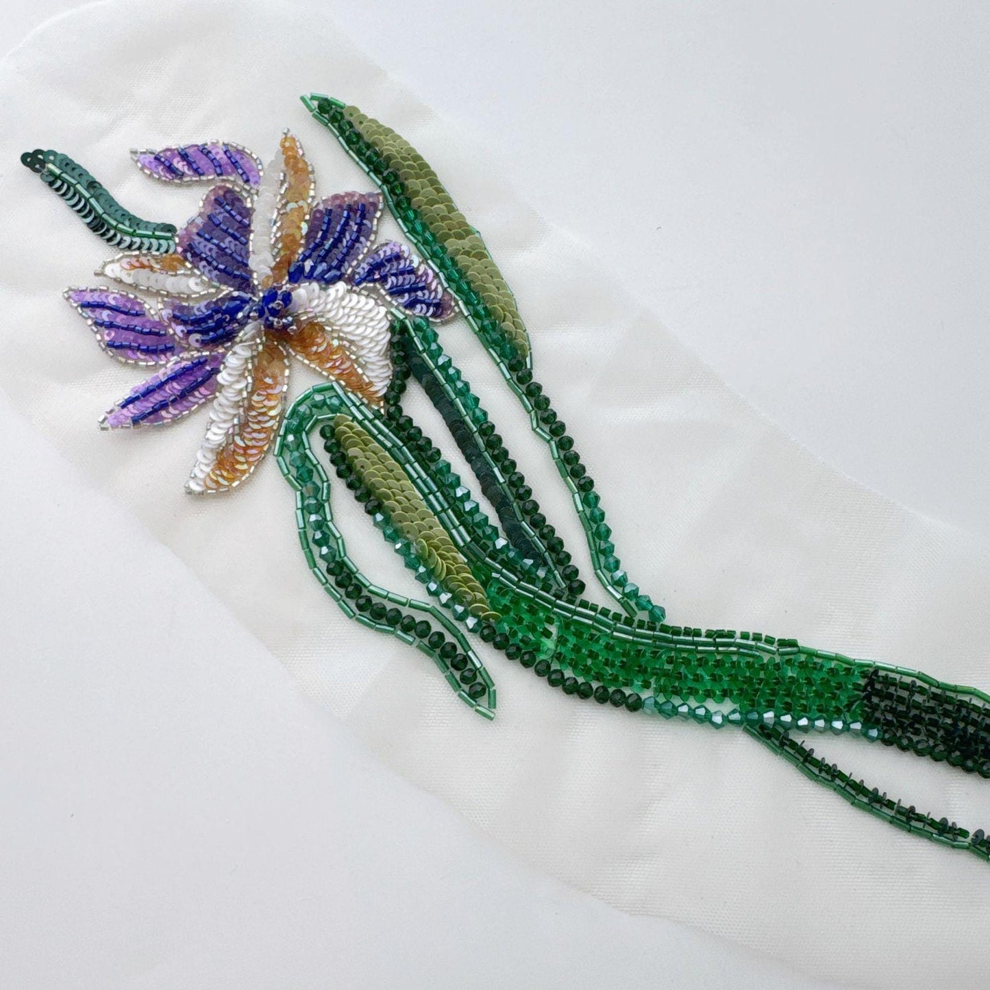 3D Floral Sequin Applique, Hand Beaded Leaf Embroidery Patch, Green Botanical Trim for Dress DIY Fashion Sewing