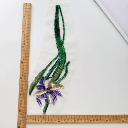 3D Floral Sequin Applique, Hand Beaded Leaf Embroidery Patch, Green Botanical Trim for Dress DIY Fashion Sewing