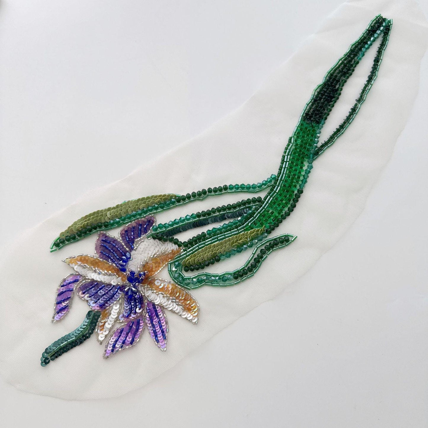 3D Floral Sequin Applique, Hand Beaded Leaf Embroidery Patch, Green Botanical Trim for Dress DIY Fashion Sewing