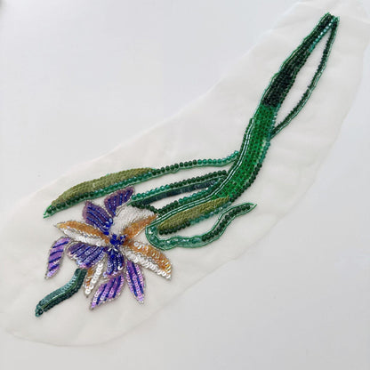3D Floral Sequin Applique, Hand Beaded Leaf Embroidery Patch, Green Botanical Trim for Dress DIY Fashion Sewing