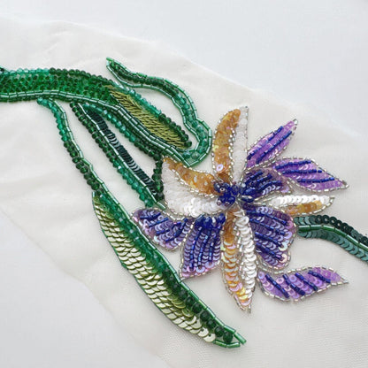 3D Floral Sequin Applique, Hand Beaded Leaf Embroidery Patch, Green Botanical Trim for Dress DIY Fashion Sewing