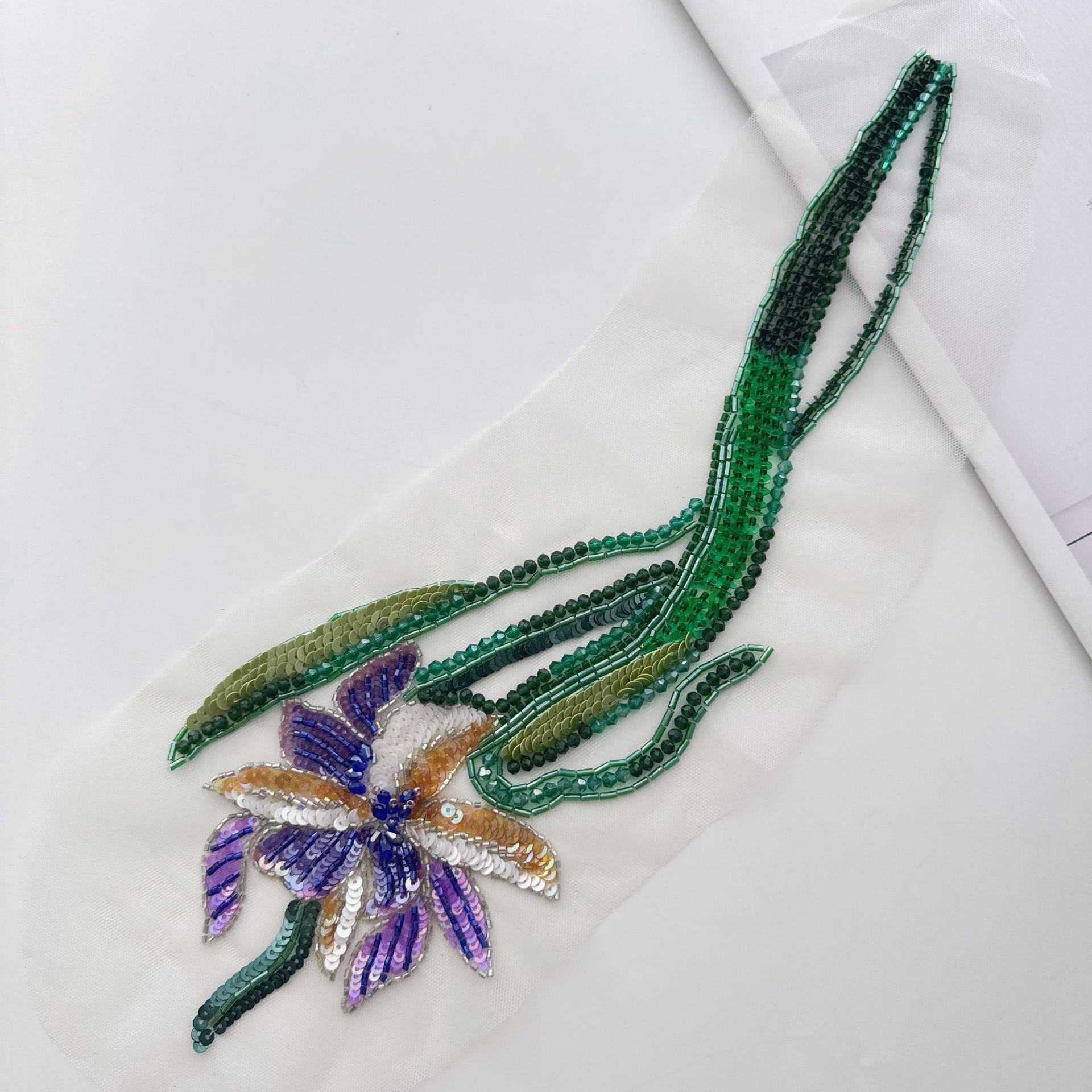 3D Floral Sequin Applique, Hand Beaded Leaf Embroidery Patch, Green Botanical Trim for Dress DIY Fashion Sewing