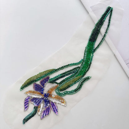 3D Floral Sequin Applique, Hand Beaded Leaf Embroidery Patch, Green Botanical Trim for Dress DIY Fashion Sewing