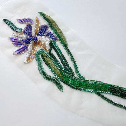 3D Floral Sequin Applique, Hand Beaded Leaf Embroidery Patch, Green Botanical Trim for Dress DIY Fashion Sewing