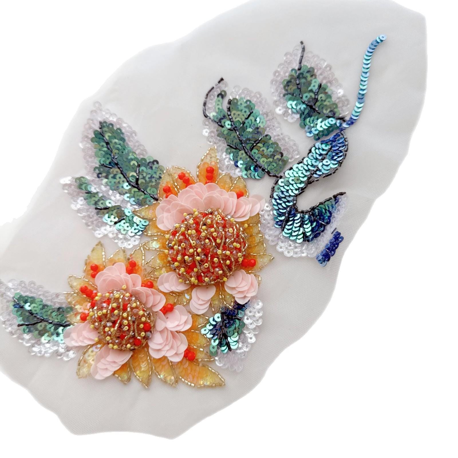 Sunflower Butterfly Sequin Applique, Hand Beaded 3D Floral Mesh Trim for Dress, Stagewear and Sewing DIY