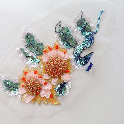 Sunflower Butterfly Sequin Applique, Hand Beaded 3D Floral Mesh Trim for Dress, Stagewear and Sewing DIY