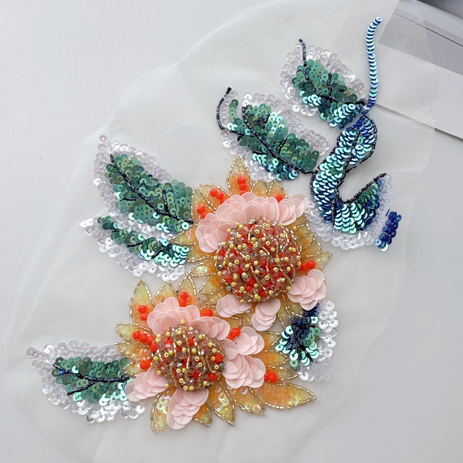 Sunflower Butterfly Sequin Applique, Hand Beaded 3D Floral Mesh Trim for Dress, Stagewear and Sewing DIY