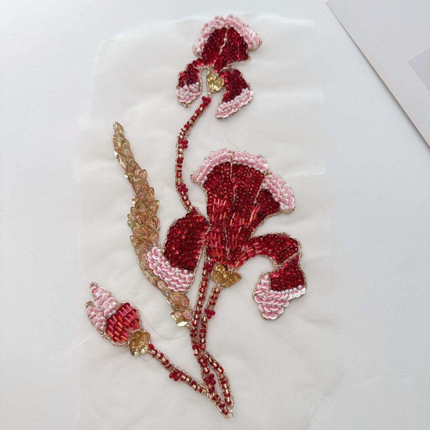 Gradient Sequin Floral Applique, Hand Beaded Mesh Patch, Embroidered Trim for Dress, Stage Costume, Sewing DIY