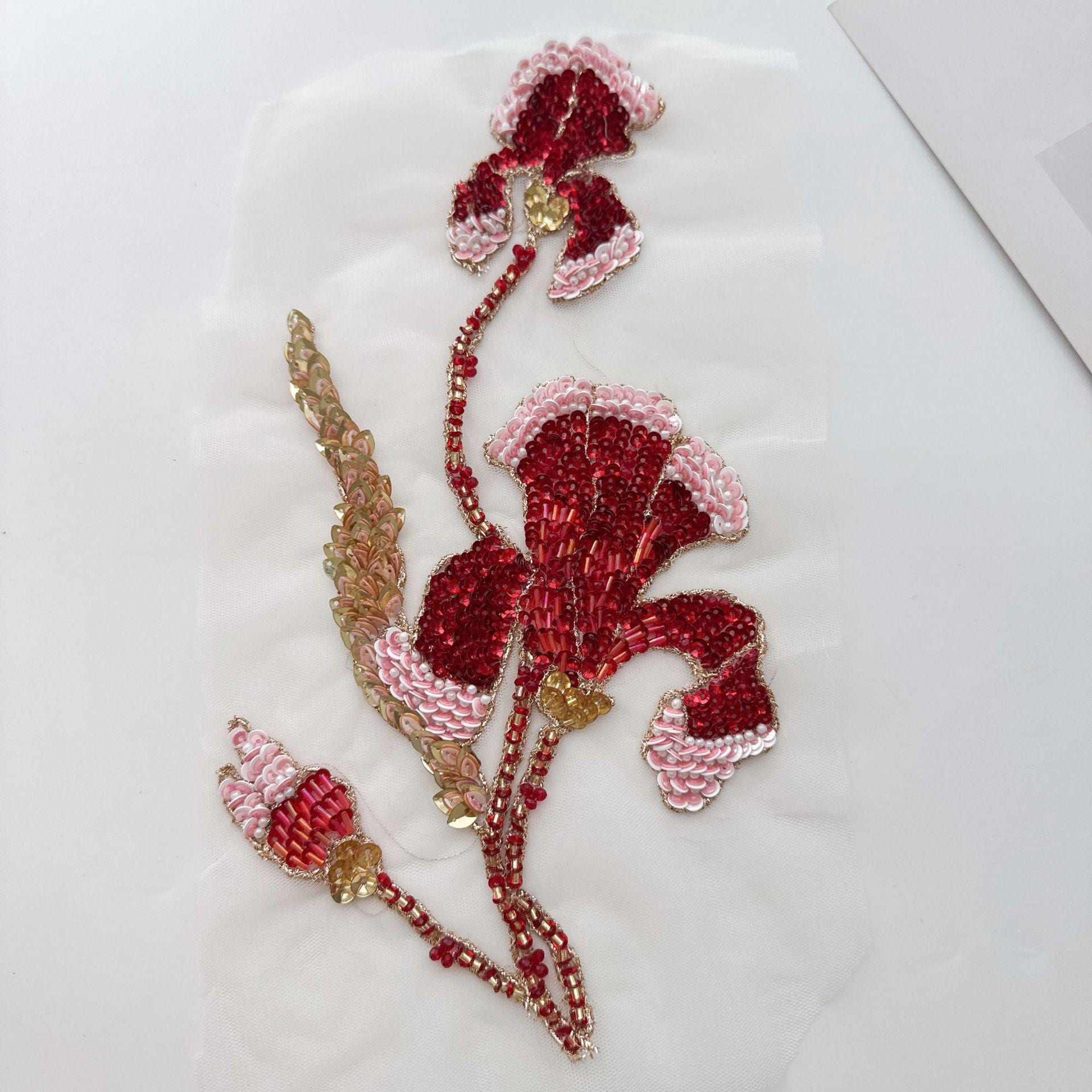 Gradient Sequin Floral Applique, Hand Beaded Mesh Patch, Embroidered Trim for Dress, Stage Costume, Sewing DIY