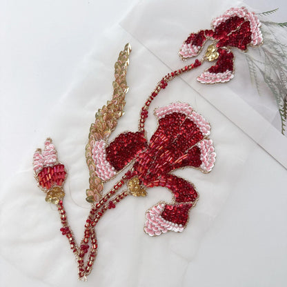 Gradient Sequin Floral Applique, Hand Beaded Mesh Patch, Embroidered Trim for Dress, Stage Costume, Sewing DIY