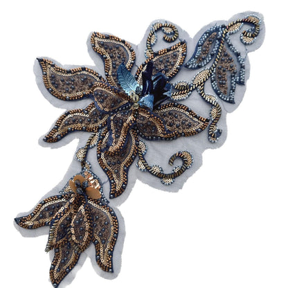 Navy Gold Floral Sequin Applique, Hand Beaded Mesh Patch, 3D Embroidered Trim for Stage Costume Dress Sewing DIY