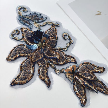Navy Gold Floral Sequin Applique, Hand Beaded Mesh Patch, 3D Embroidered Trim for Stage Costume Dress Sewing DIY