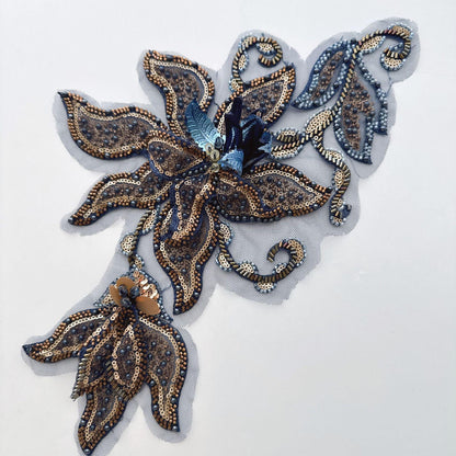 Navy Gold Floral Sequin Applique, Hand Beaded Mesh Patch, 3D Embroidered Trim for Stage Costume Dress Sewing DIY
