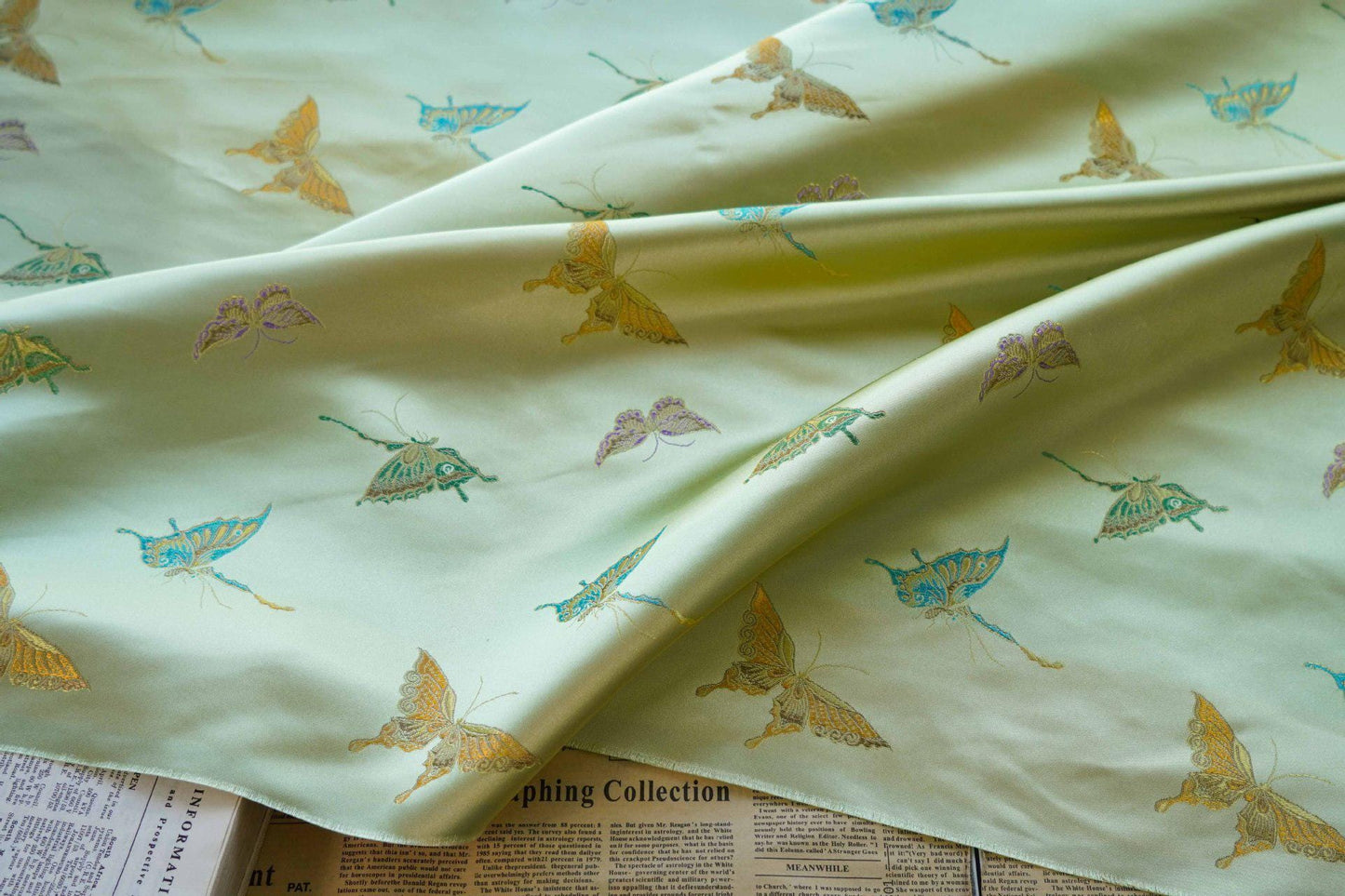 Butterfly Brocade Satin Fabric, Textured Jacquard Textile, Three Color Woven Fabric for Dressmaking, Bags, Decor and Sewing - 59"W