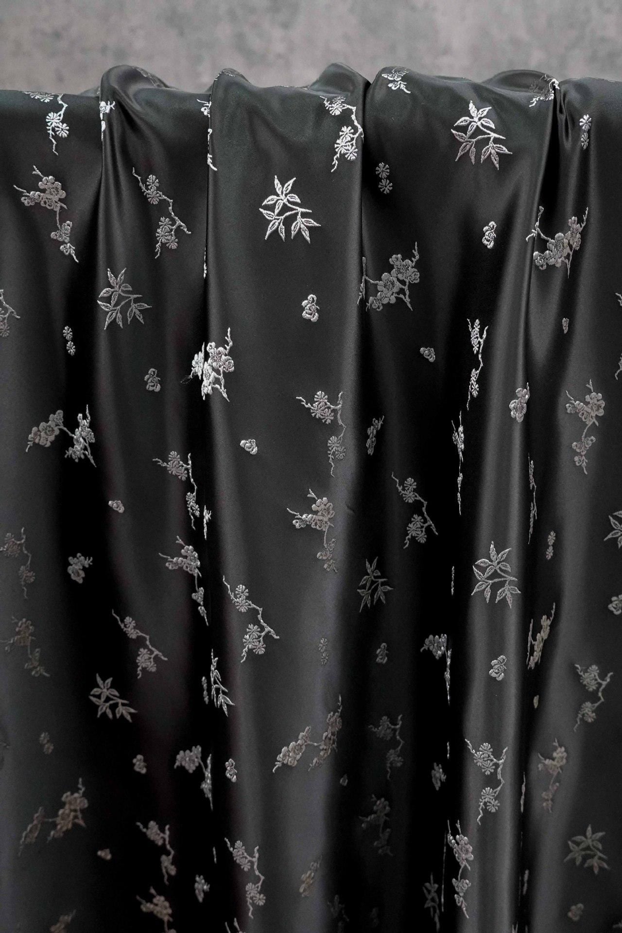 Plum Blossom Bamboo Satin Jacquard Fabric, Lustrous Woven Textile, Multiple Colors for Dressmaking, Qipao, Bags and Home Decor, 65"W