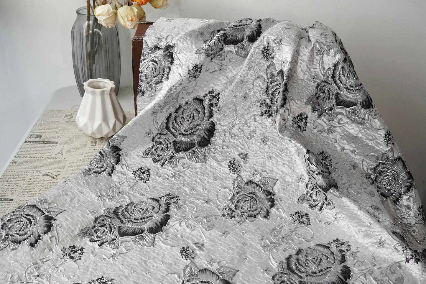 3D Embossed Floral Yarn-Dyed Fabric, Ornate Woven Textile for Dresses, Jackets, Bags, Home Decor and Sewing, 58"Wide