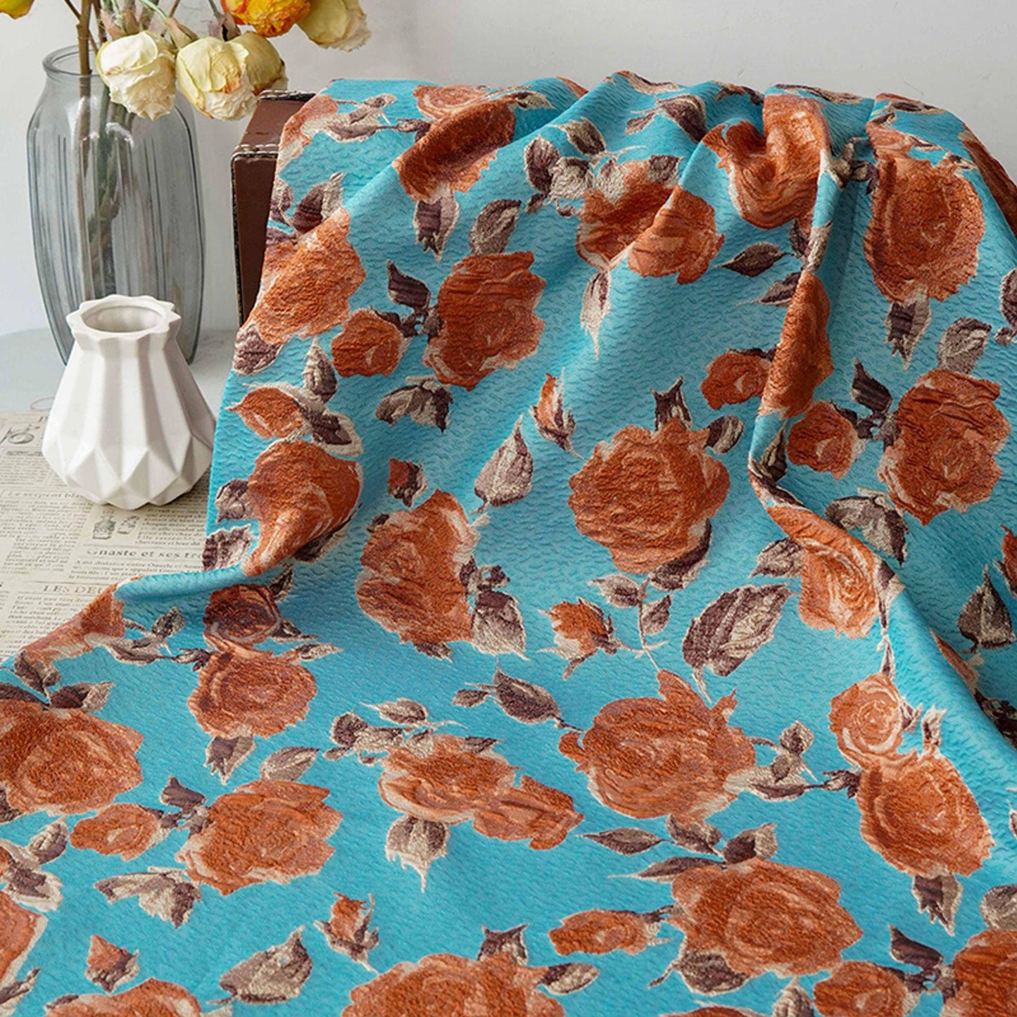 Vintage-Style 3D Embossed Rose Jacquard Fabric, Blue Floral Woven Textile for Dressmaking, Jackets, Bags and Home Decor, 55"Wide
