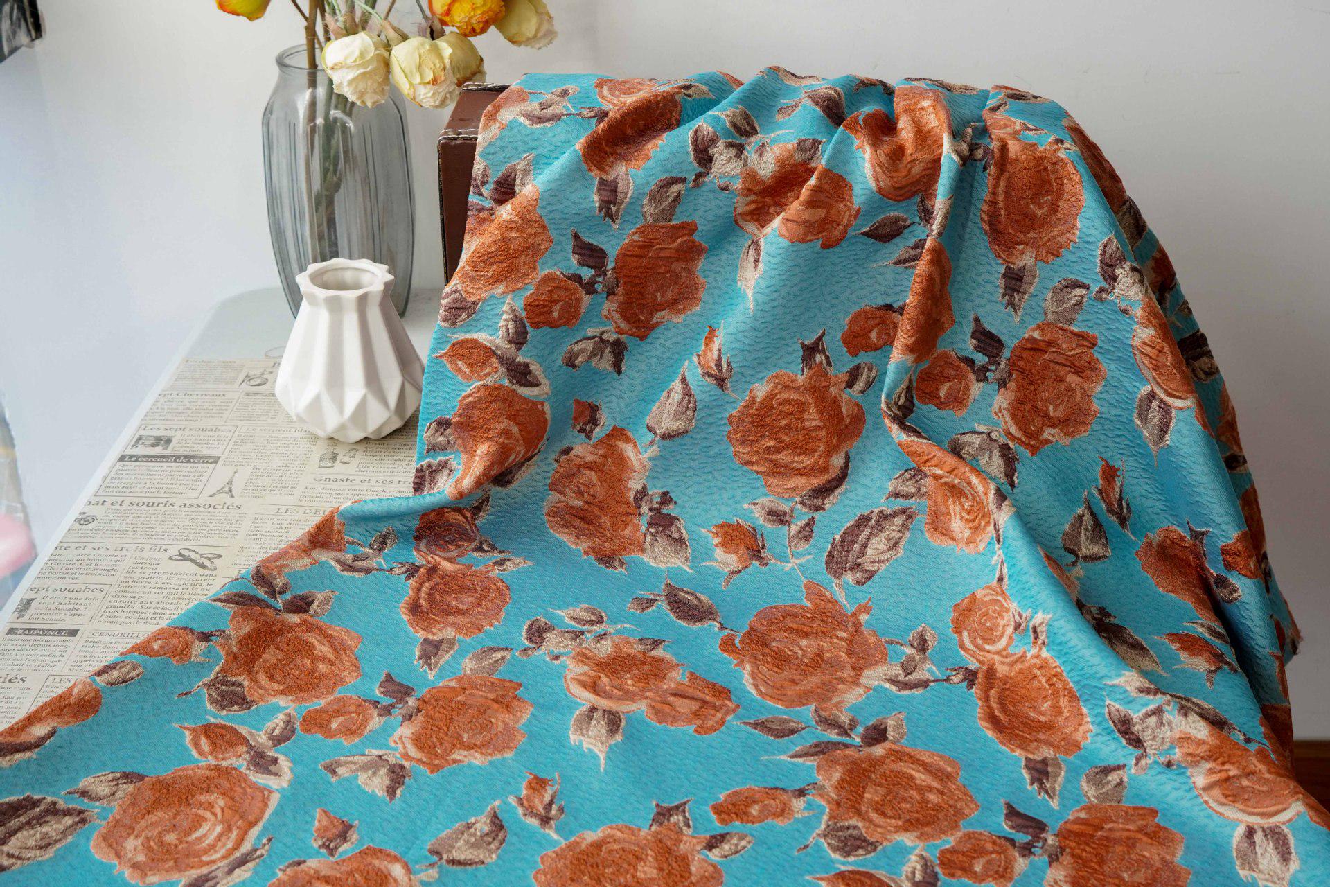 Vintage-Style 3D Embossed Rose Jacquard Fabric, Blue Floral Woven Textile for Dressmaking, Jackets, Bags and Home Decor, 55"Wide