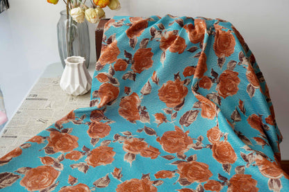 Vintage-Style 3D Embossed Rose Jacquard Fabric, Blue Floral Woven Textile for Dressmaking, Jackets, Bags and Home Decor, 55"Wide