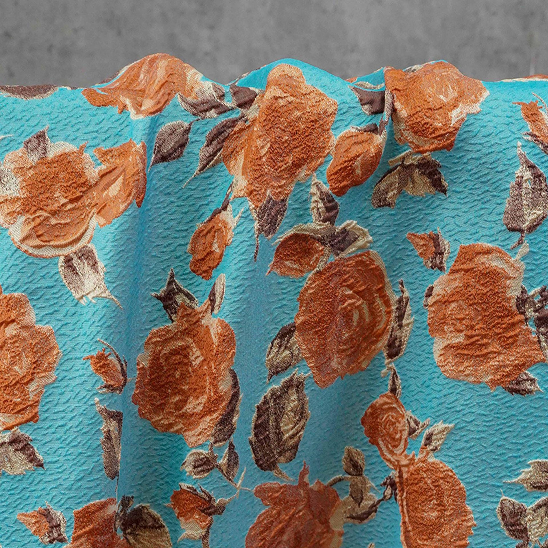 Vintage-Style 3D Embossed Rose Jacquard Fabric, Blue Floral Woven Textile for Dressmaking, Jackets, Bags and Home Decor, 55"Wide