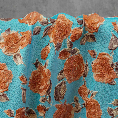 Vintage-Style 3D Embossed Rose Jacquard Fabric, Blue Floral Woven Textile for Dressmaking, Jackets, Bags and Home Decor, 55"Wide