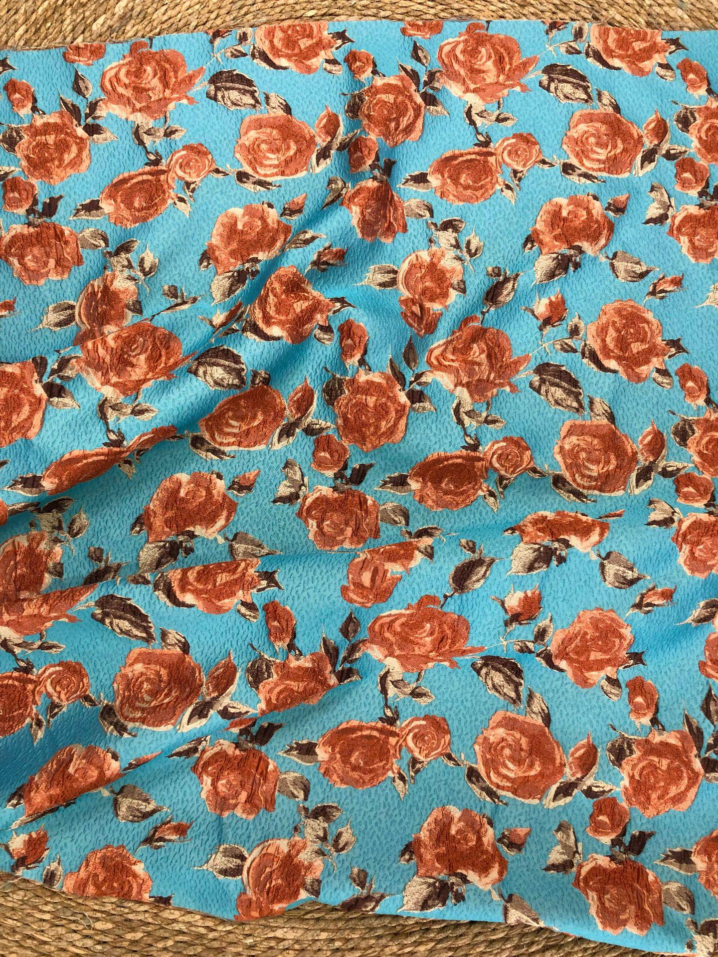Vintage-Style 3D Embossed Rose Jacquard Fabric, Blue Floral Woven Textile for Dressmaking, Jackets, Bags and Home Decor, 55"Wide