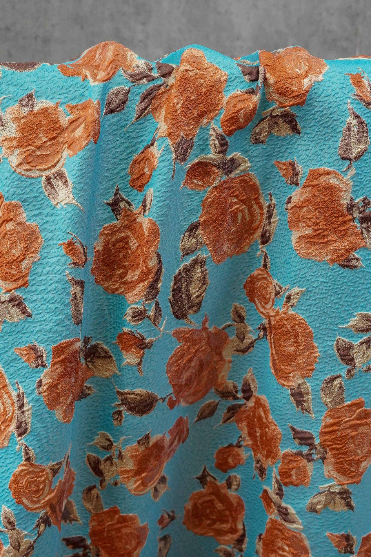 Vintage-Style 3D Embossed Rose Jacquard Fabric, Blue Floral Woven Textile for Dressmaking, Jackets, Bags and Home Decor, 55"Wide