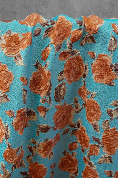 Vintage-Style 3D Embossed Rose Jacquard Fabric, Blue Floral Woven Textile for Dressmaking, Jackets, Bags and Home Decor, 55"Wide