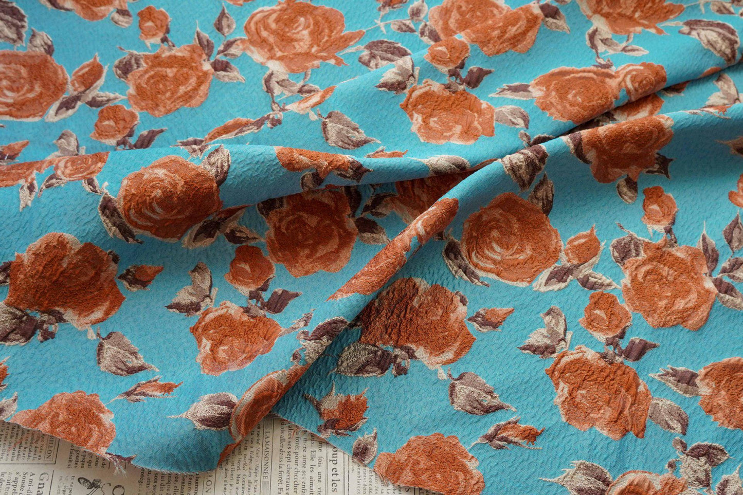 Vintage-Style 3D Embossed Rose Jacquard Fabric, Blue Floral Woven Textile for Dressmaking, Jackets, Bags and Home Decor, 55"Wide