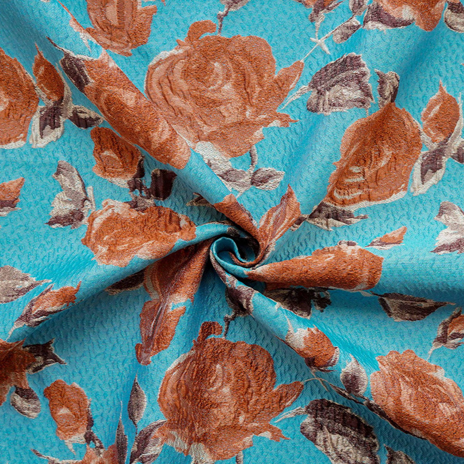 Vintage-Style 3D Embossed Rose Jacquard Fabric, Blue Floral Woven Textile for Dressmaking, Jackets, Bags and Home Decor, 55"Wide